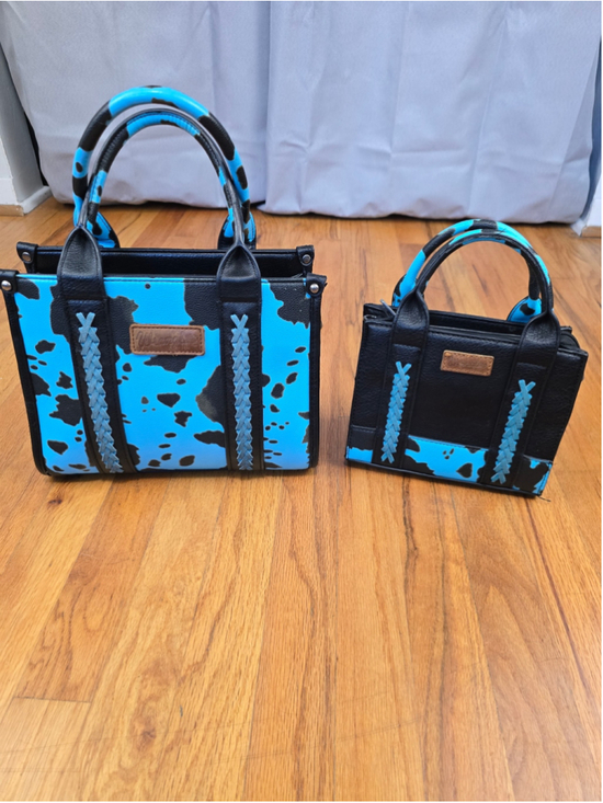 Wrangler Handbags - Wrangler Turquoise Cow Print Western Purse Matching Mini Bag Set